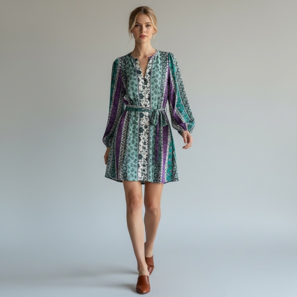 Loft Patchwork Boho Cottagecore EUC Print Button Up Belted Mini Dress 4 Sleeves